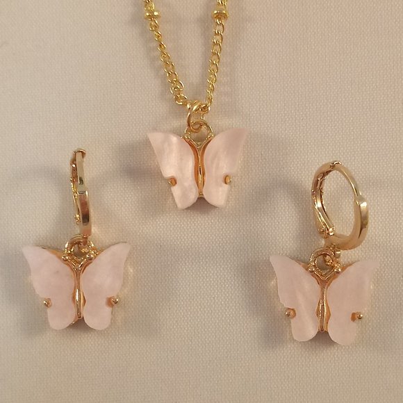 Gold Plated Pink Opal Resin Butterfly Earrings Pendant Necklace Set 18" Gift - Picture 1 of 5